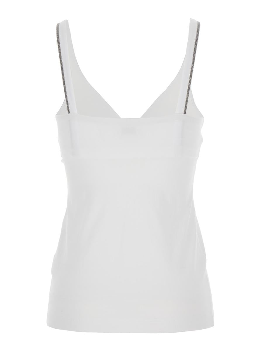Weißes ärmelloses Top mit V-Ausschnitt und Monil-Detail an den Schulterträgern aus Baumwollstretch für Damen