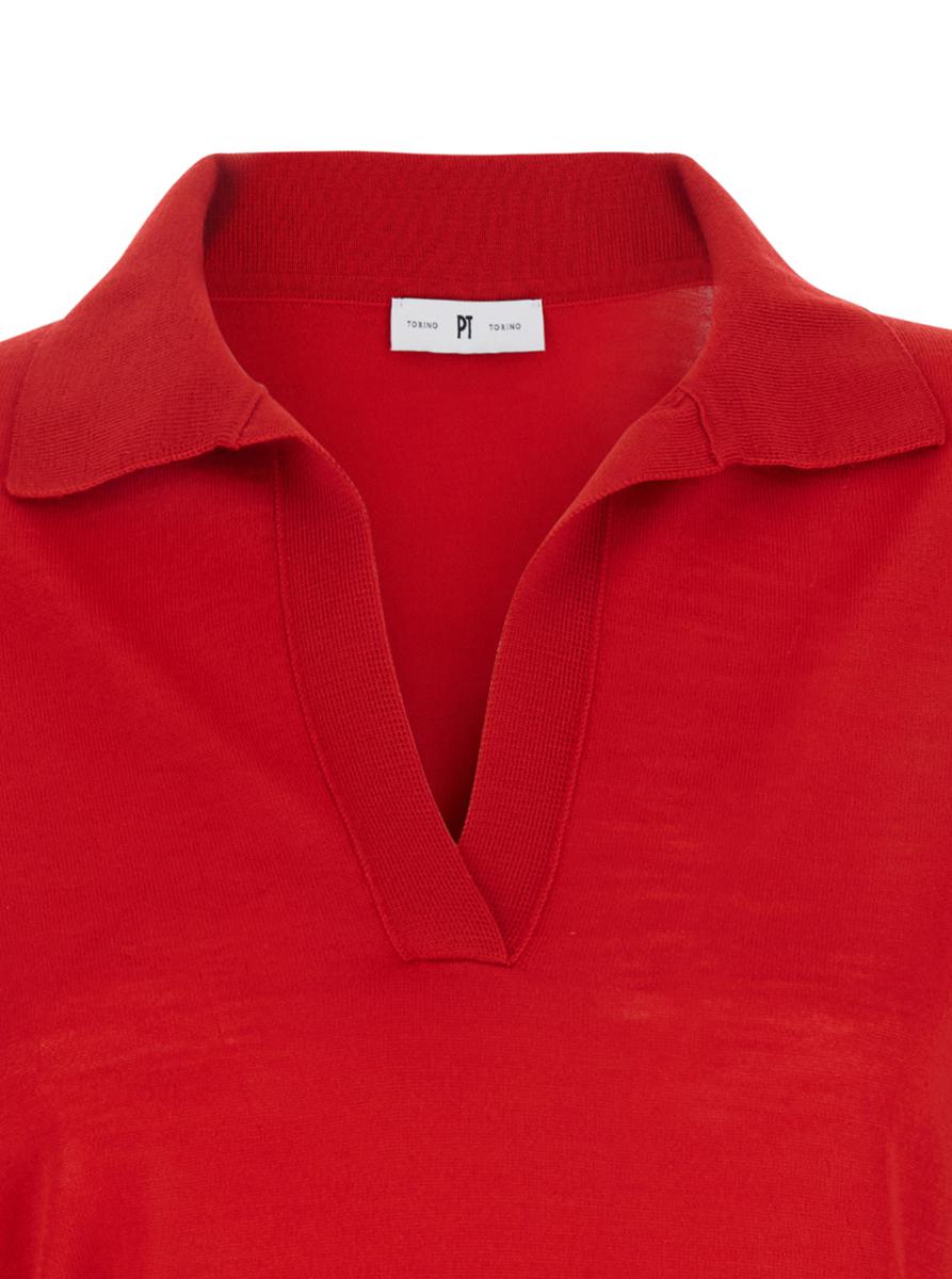 Rotes Poloshirt mit V-Ausschnitt und kurzen Ärmeln aus Schurwolle für Damen