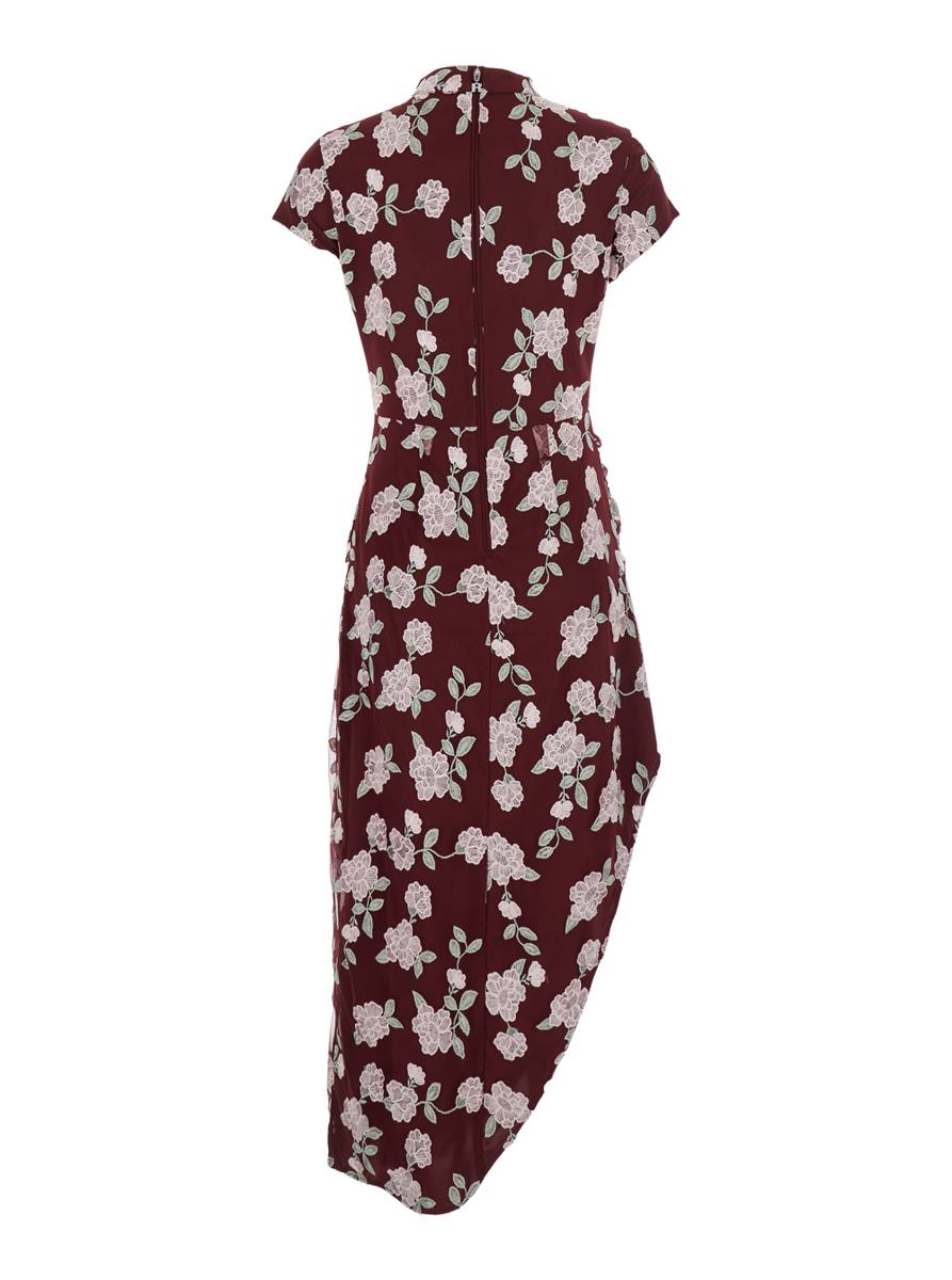Bordeauxfarbenes Kleid mit Blumenstickerei aus Stoff für Damen