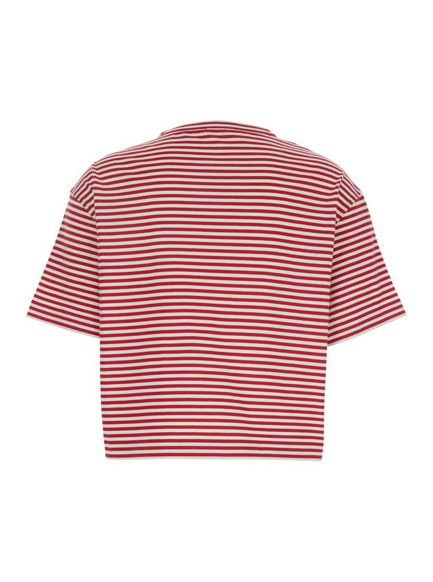 Rotes T-Shirt mit Rundhalsausschnitt, durchgehendem Streifenmotiv und Schmuckdetail auf der Vorderseite aus Baumwolle für Damen