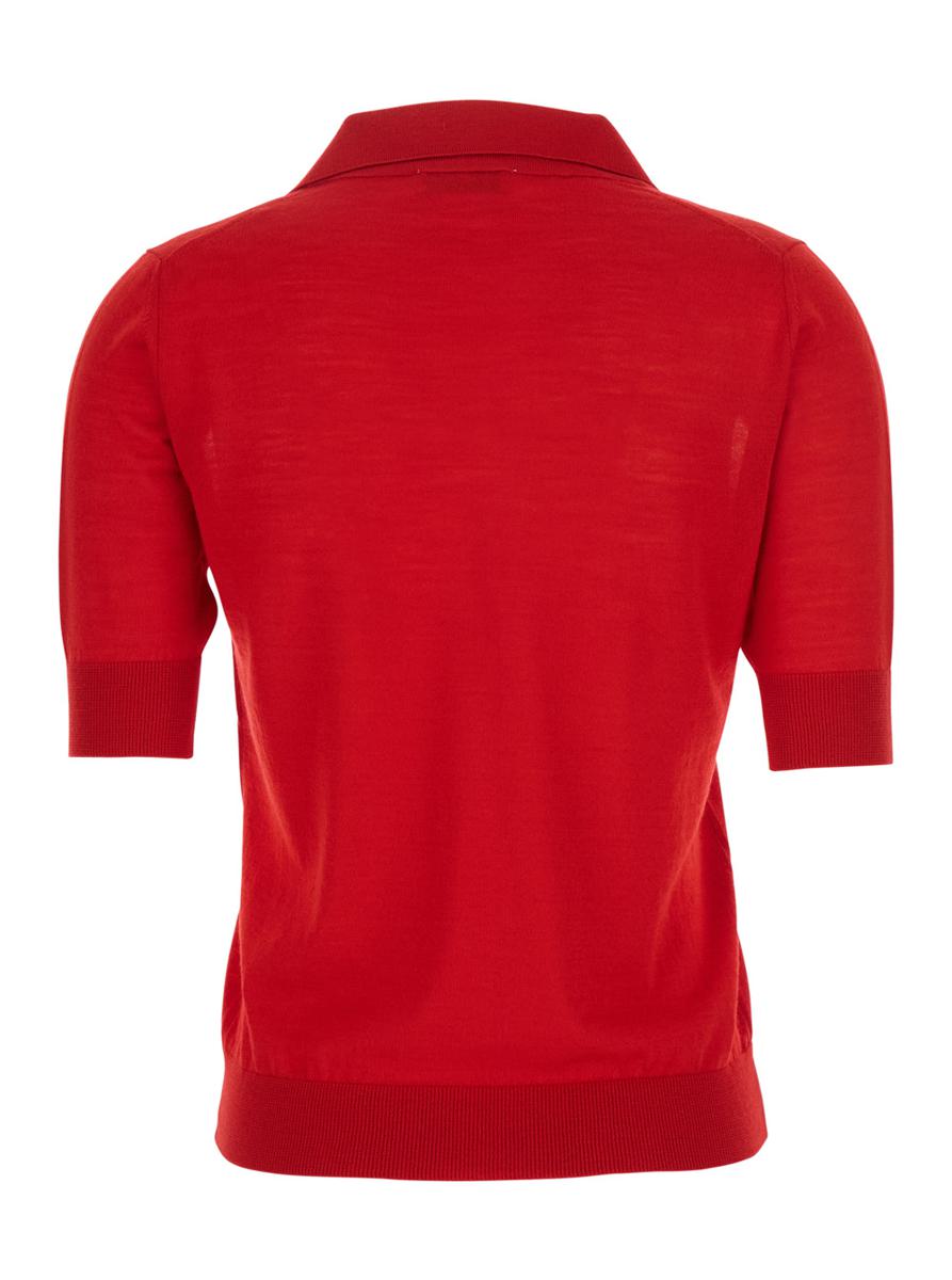 Rotes Poloshirt mit V-Ausschnitt und kurzen Ärmeln aus Schurwolle für Damen