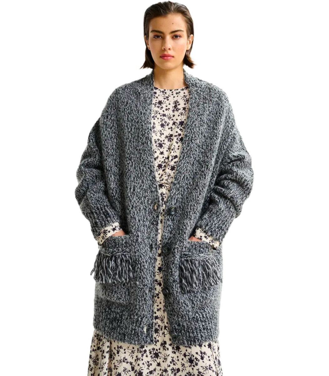 Essentiel Antwerp – Schwarze Strickjacke mit Spitzenbesatz