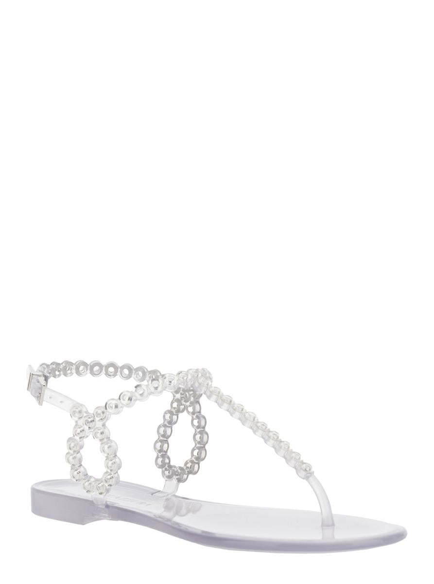 „Almost Bare“ Metallicfarbene Sandalen mit Ösenverzierungen und Schnallenverschluss aus Gummi für Damen