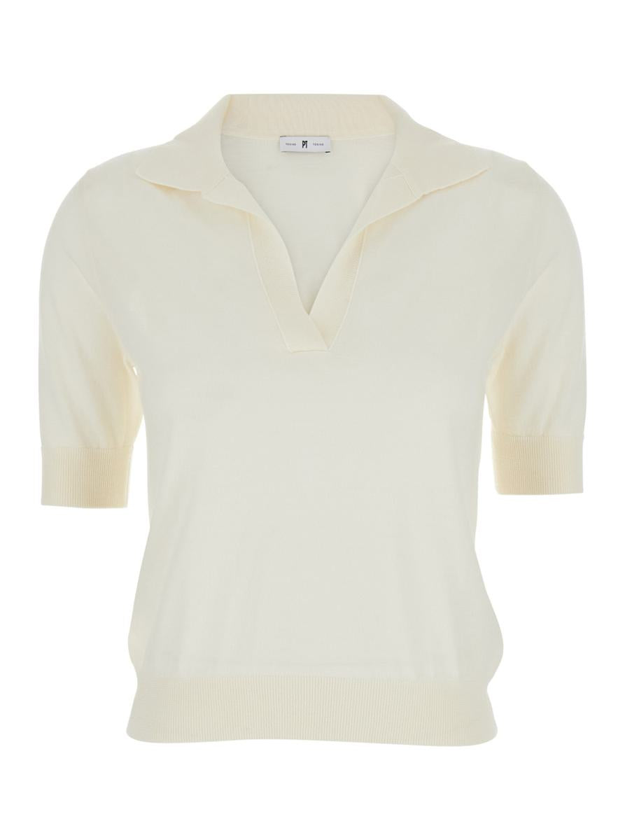 Weißes Poloshirt mit V-Ausschnitt und kurzen Ärmeln aus Schurwolle für Damen