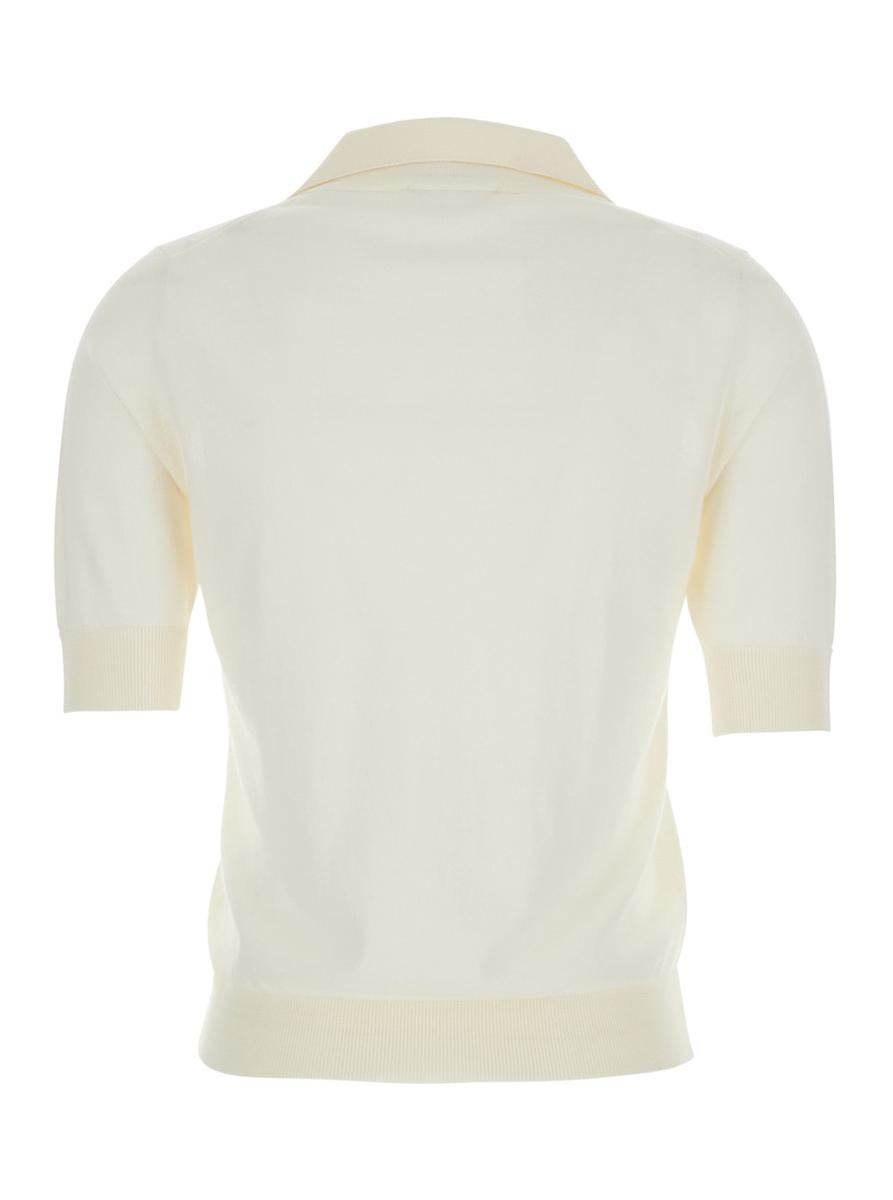 Weißes Poloshirt mit V-Ausschnitt und kurzen Ärmeln aus Schurwolle für Damen