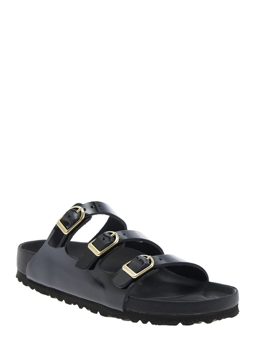 Schwarze Sandalen „Florida“ mit verstellbarem Schnallenverschluss und drei Riemen aus Leder für Damen