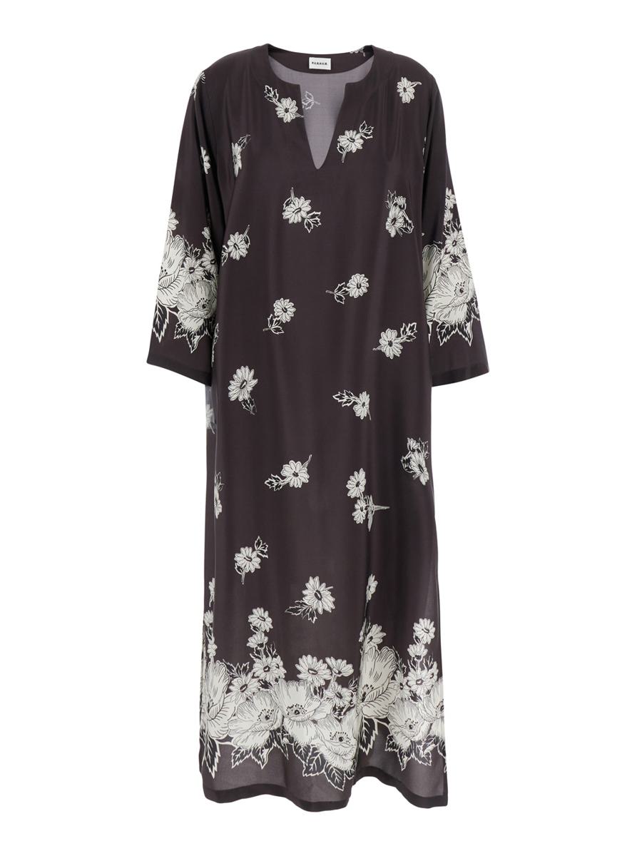 Schwarz-weißes langes Kleid mit V-Ausschnitt und durchgehendem Blumenmuster aus Seide für Damen