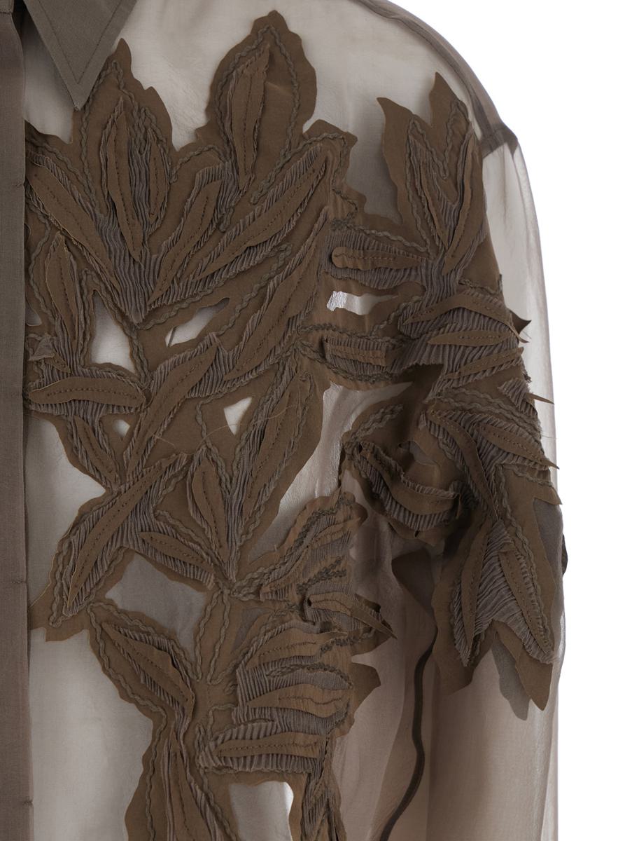 Braunes Hemd mit halbtransparentem Design und Stickerei auf der Vorderseite aus Seide für Damen