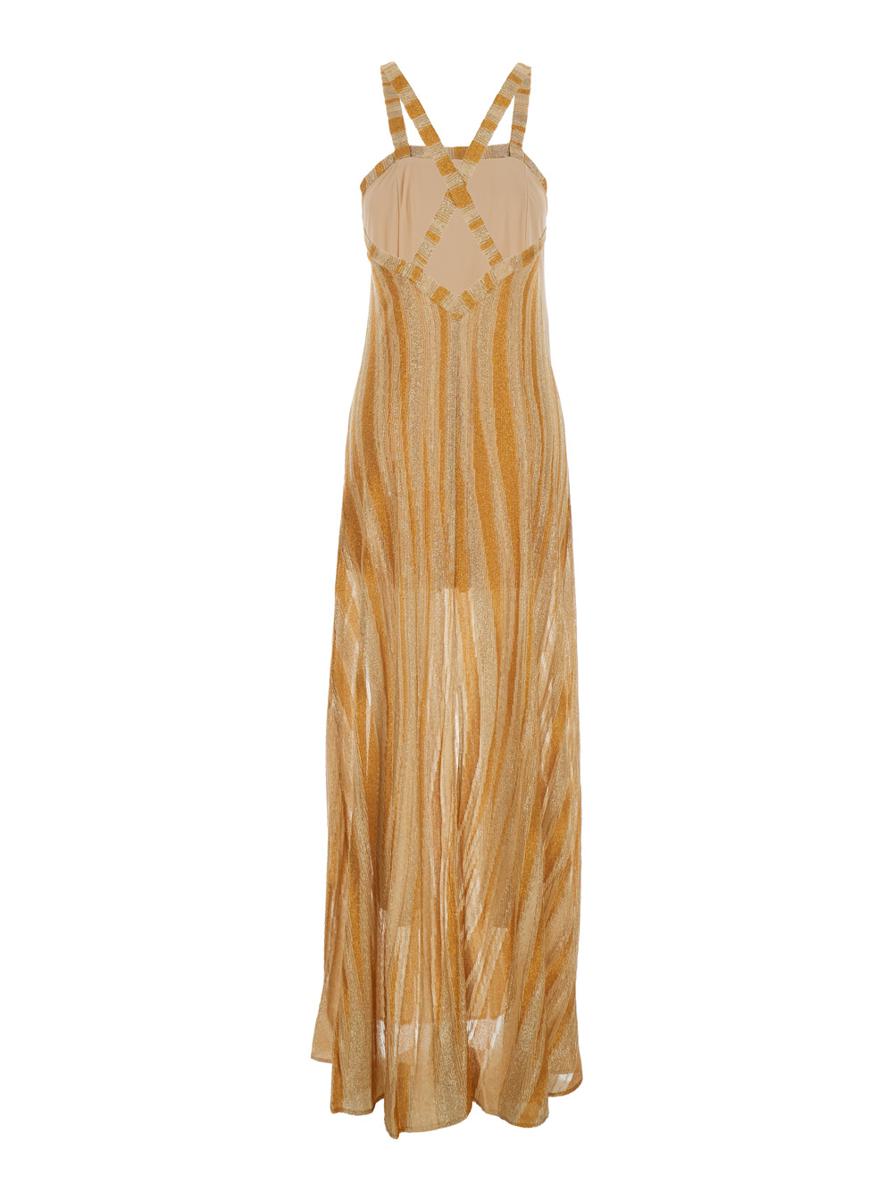 Langes, ärmelloses Metallic-Kleid mit quadratischem Ausschnitt und gekreuzten Trägern auf der Rückseite aus technischem Stoff für Damen