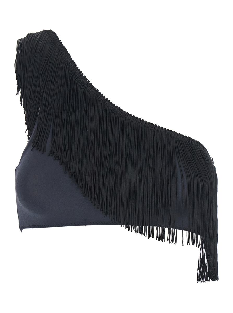 Schwarzes One-Shoulder-Top mit Fransenverzierungen aus technischem Stretchgewebe für Damen