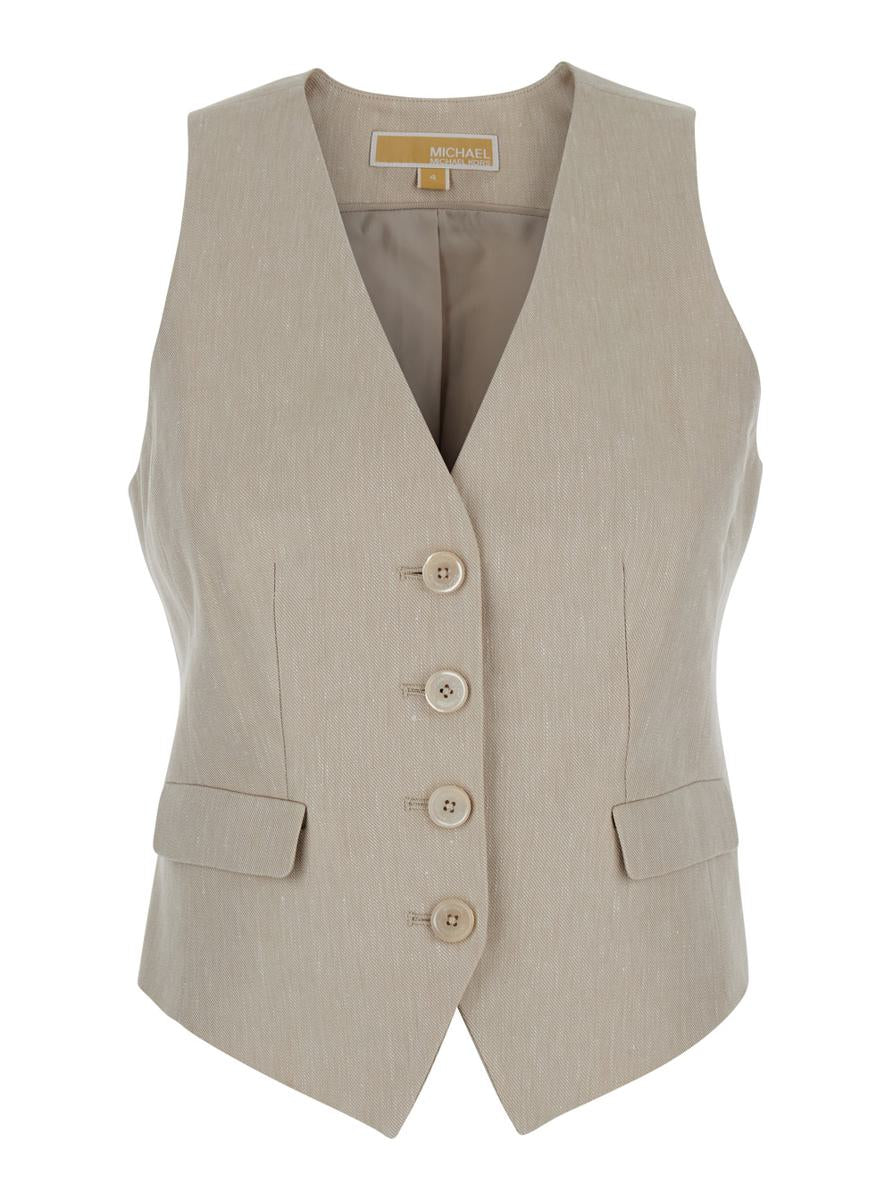 Beige Weste mit V-Ausschnitt aus Leinen- und Baumwollmischung für Damen