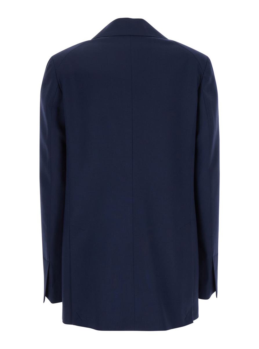 Blaue Einreiherjacke mit klassischem Revers aus technischem Stoff für Damen