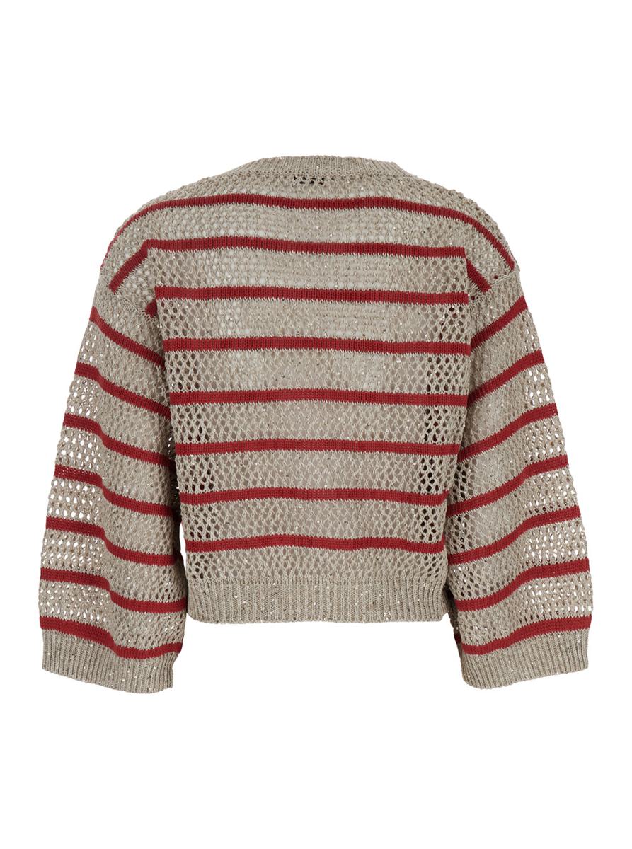Beigefarbener Pullover „Dazzling Striped“ mit Streifenmotiv und Lochmuster aus Leinen für Damen