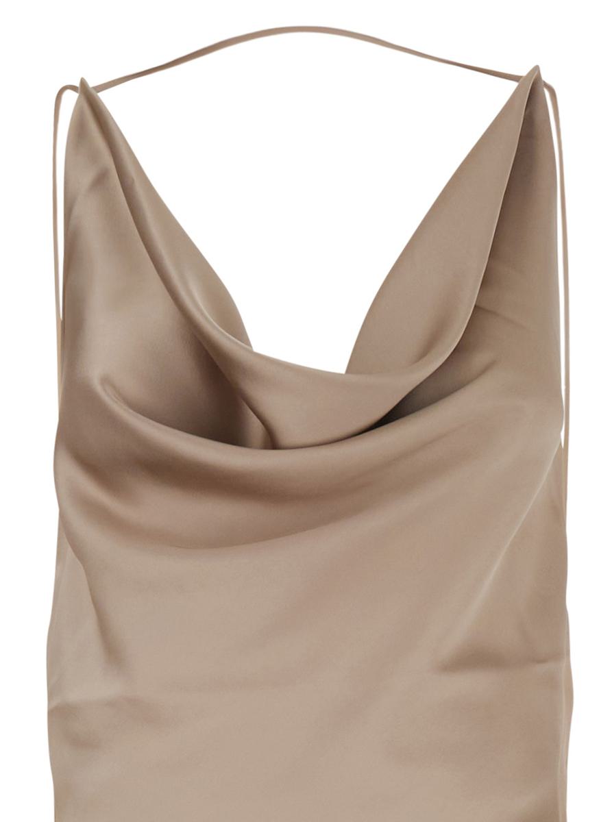 Langes Kleid „Vera“ in Beige mit Wasserfallausschnitt und offenem Rücken aus technischem Stoff