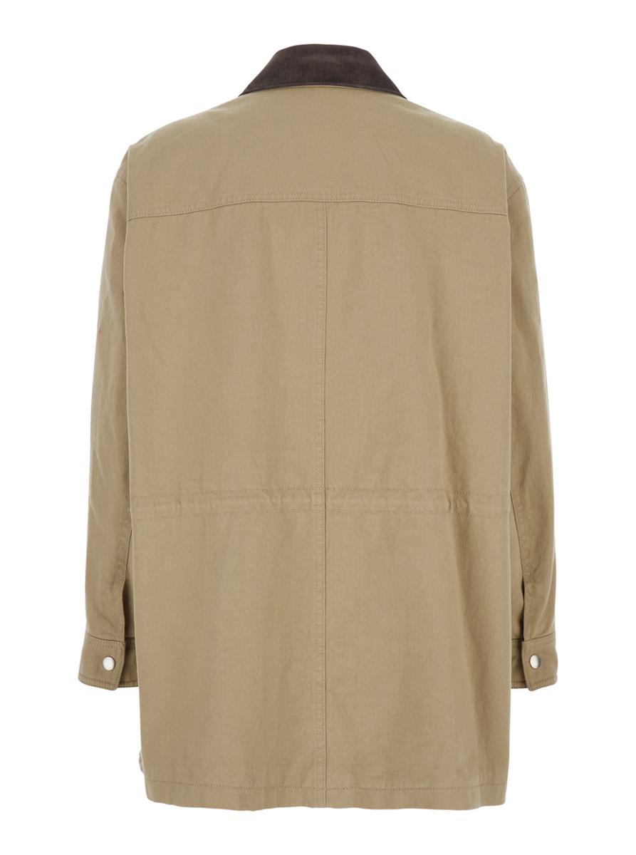 Beigefarbene Jacke mit Cordkragen und Druckknopfverschluss vorne aus Baumwolle für Damen