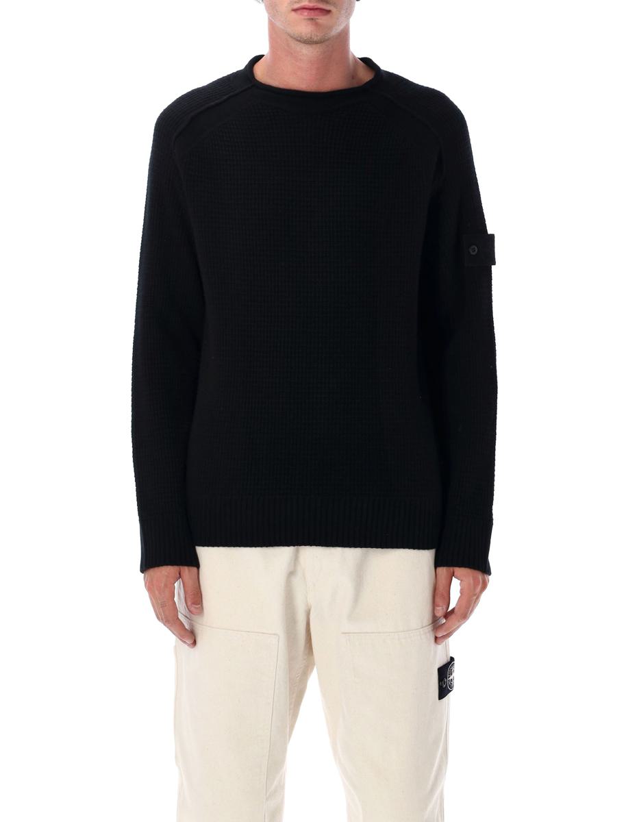 Stone Island – Schwarzer Fisherman-Pullover aus gerippter Wolle