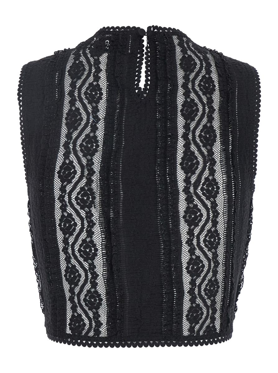 Schwarzes Top „Asteria“ mit Stickereidetails und halbtransparentem Design aus einer Mischung aus Baumwolle und technischem Stoff. Damen