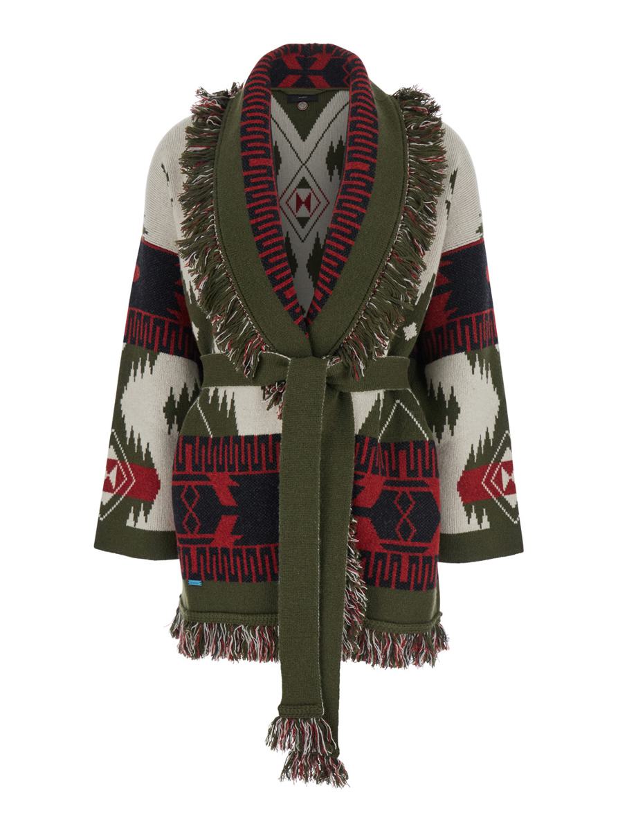 Jacquard-Cardigan mit Symbol Elfenbein/Oliv