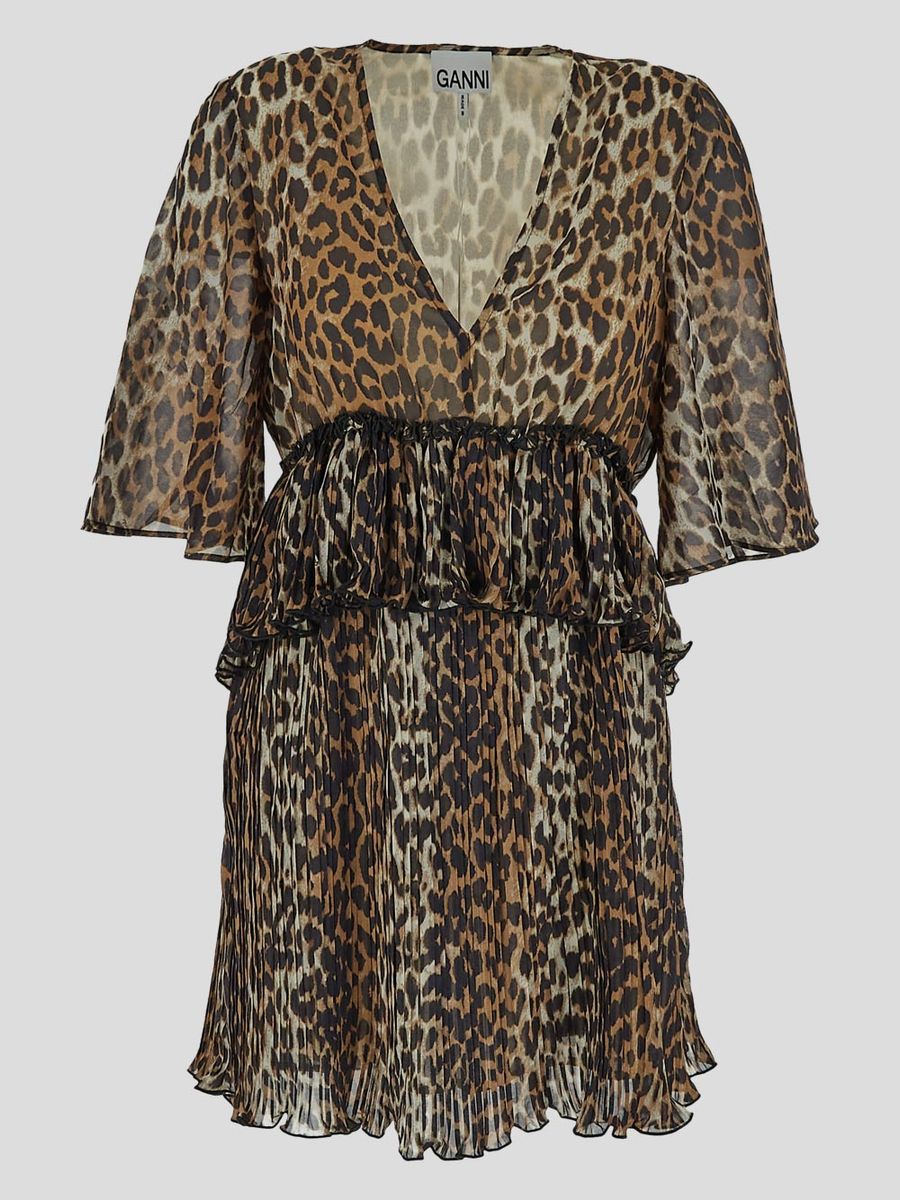 Ganni – Plissiertes Georgette-Minikleid mit Volant und V-Ausschnitt