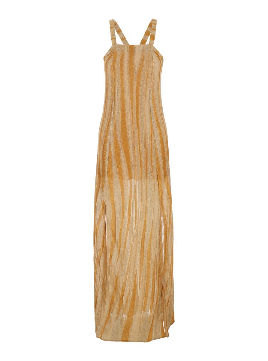 Langes, ärmelloses Metallic-Kleid mit quadratischem Ausschnitt und gekreuzten Trägern auf der Rückseite aus technischem Stoff für Damen