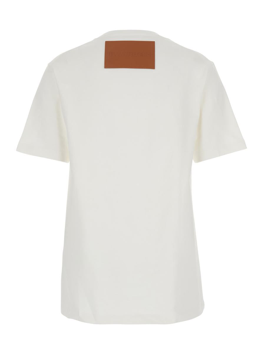 Weißes T-Shirt mit Rundhalsausschnitt und Logo-Patch auf der Rückseite aus Baumwolle für Damen