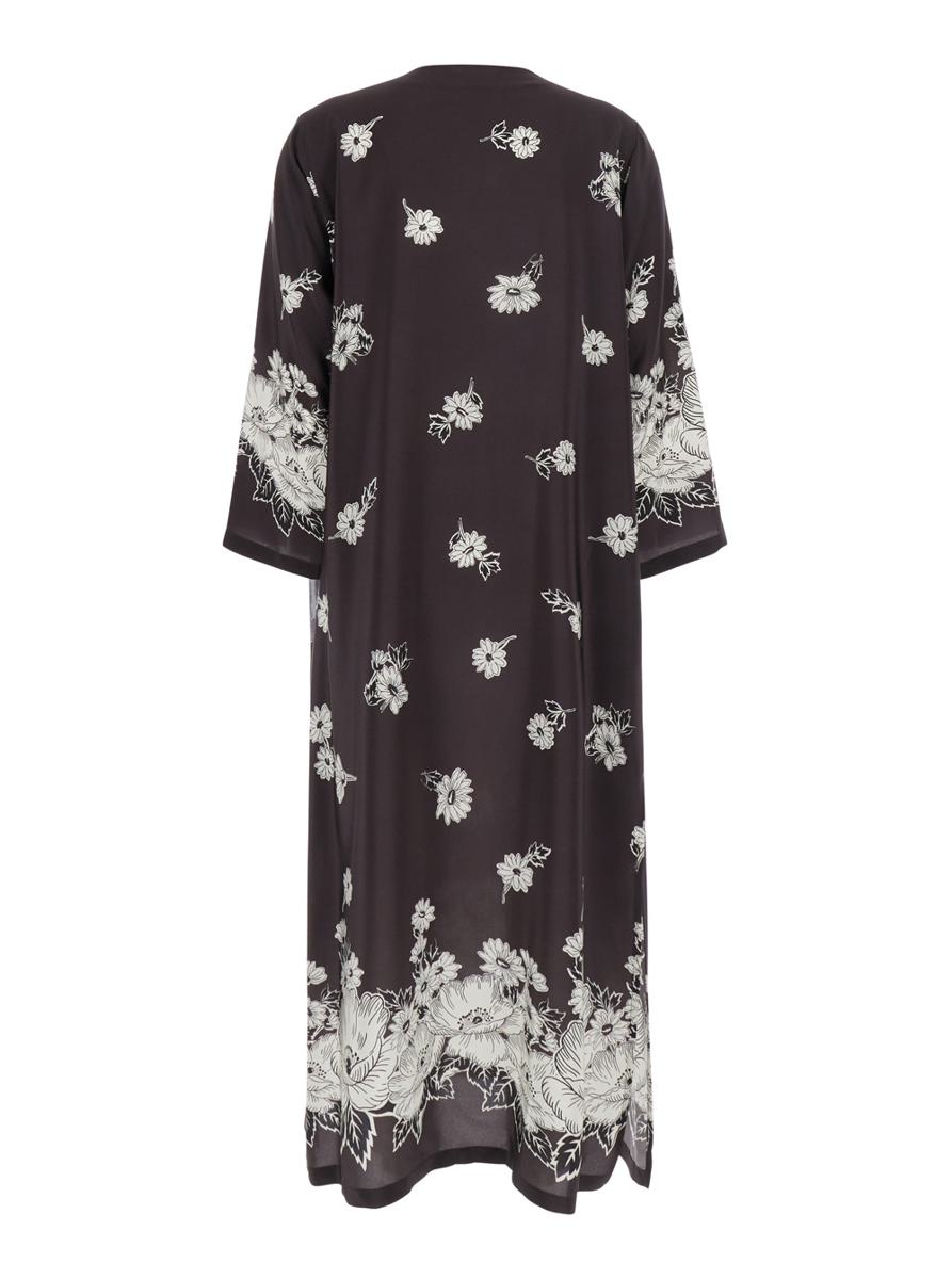 Schwarz-weißes langes Kleid mit V-Ausschnitt und durchgehendem Blumenmuster aus Seide für Damen
