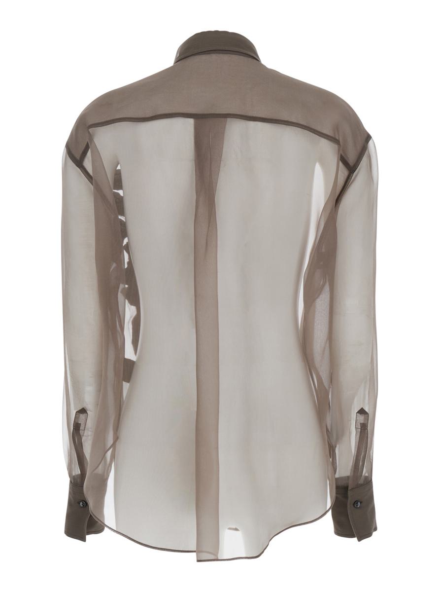 Braunes Hemd mit halbtransparentem Design und Stickerei auf der Vorderseite aus Seide für Damen