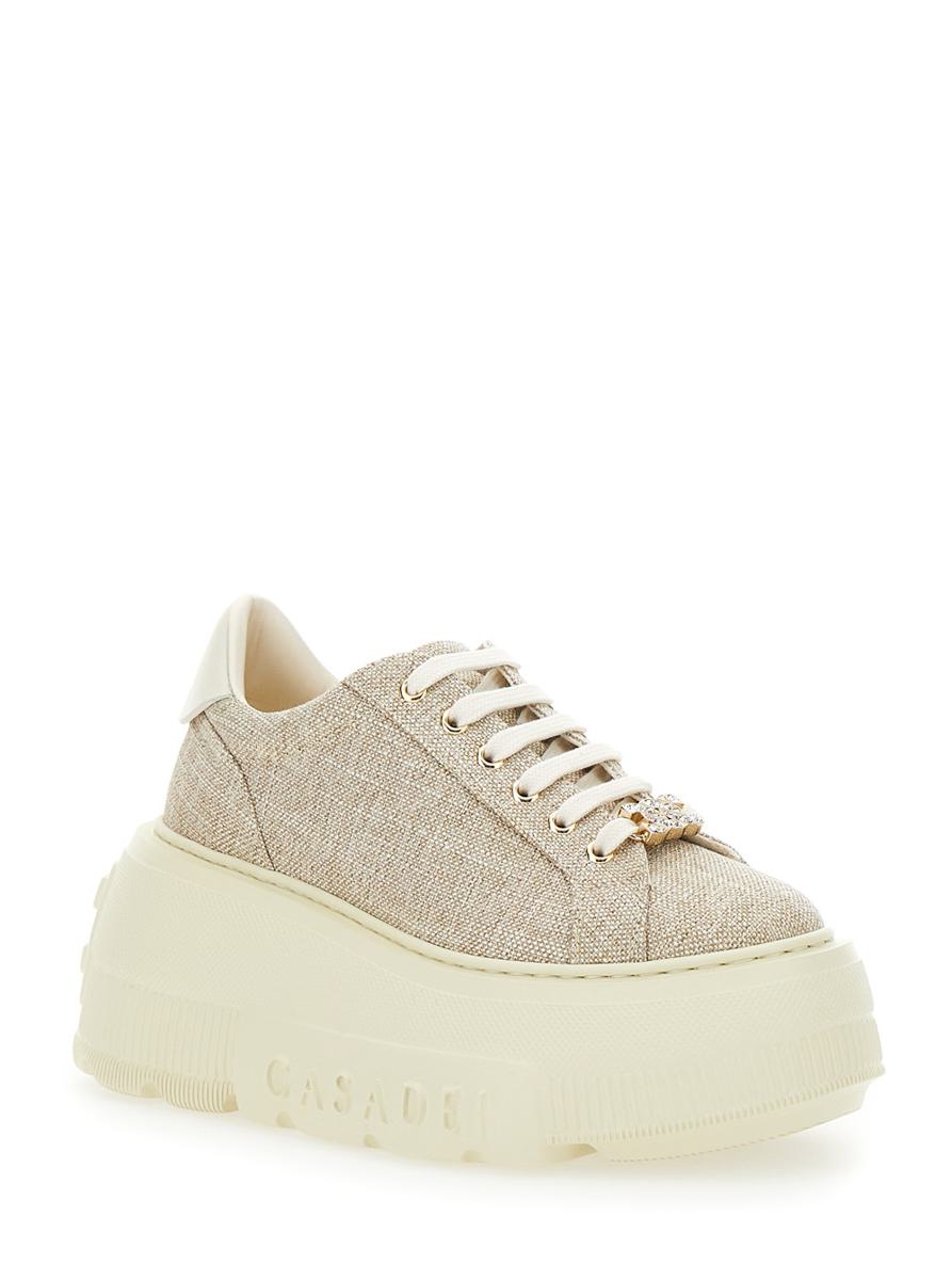 Beigefarbene Sneakers „Nexus Jutalux“ mit dicker Oversize-Sohle und Logo aus Leder- und Stoffmischung für Damen