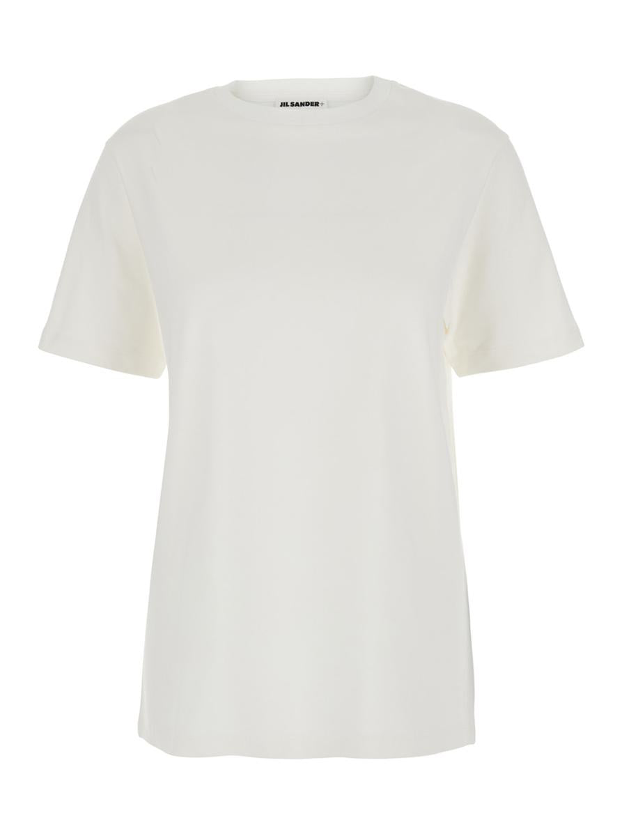 Weißes T-Shirt mit Rundhalsausschnitt und Logo-Patch auf der Rückseite aus Baumwolle für Damen