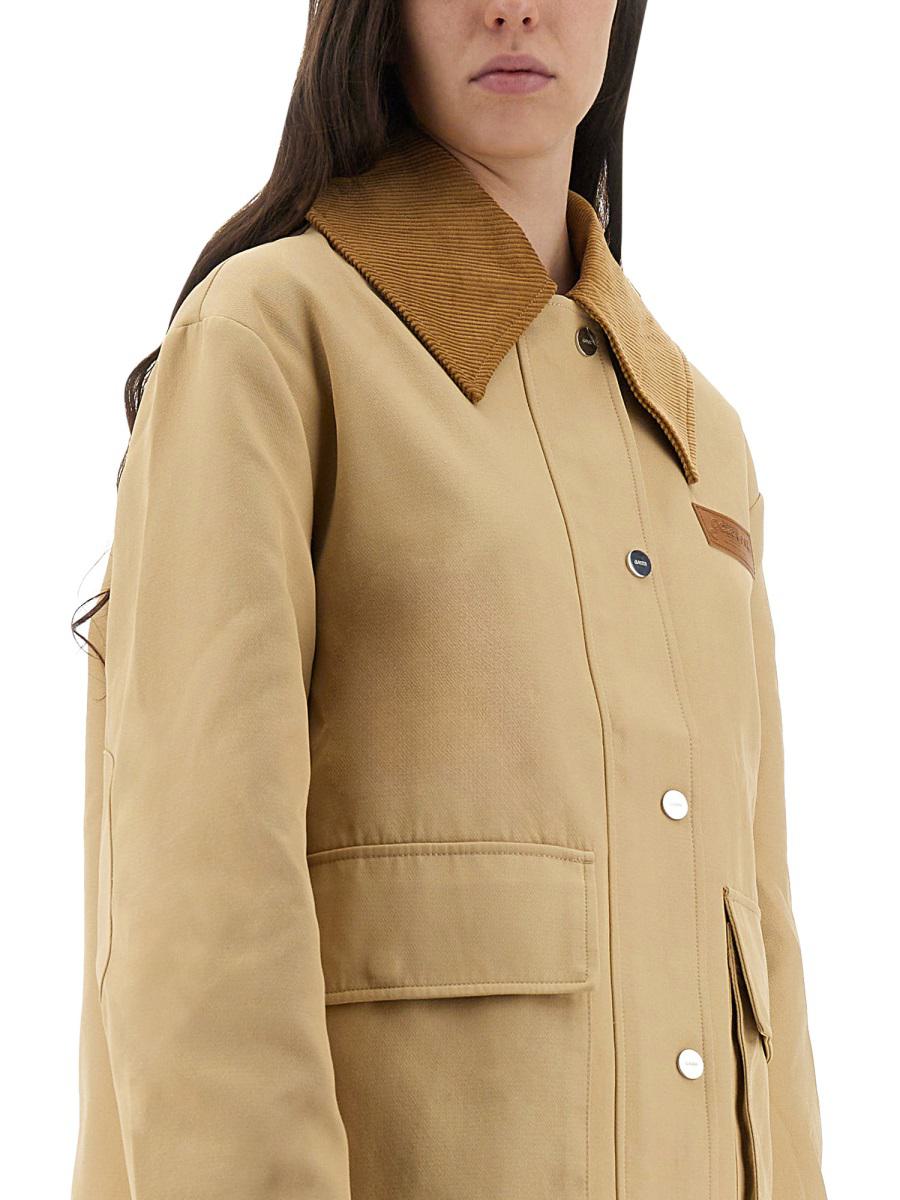 Ganni – Kamelfarbene Midijacke aus Twill