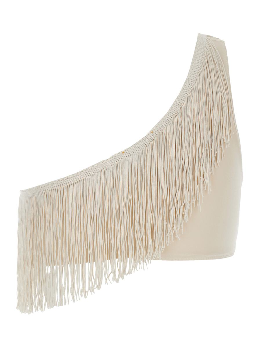 Beiges One-Shoulder-Top mit Fransenverzierungen aus technischem Stretchgewebe für Damen