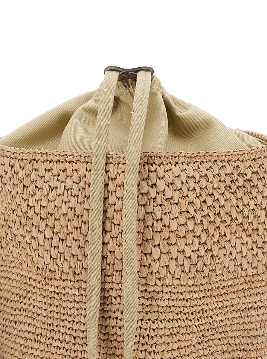 Beigefarbene Eimertasche „Maika“ mit Verschluss oben und Kordelzug aus Bast für Damen