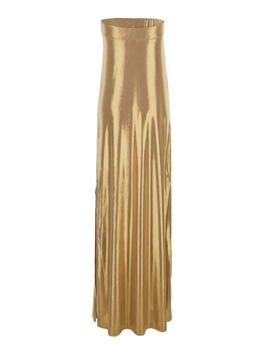 Metallic-Kleid mit schulterfreiem, ärmellosem Schnitt und seitlichem Maxi-Schlitz aus Stretch-Tech-Stoff für Damen