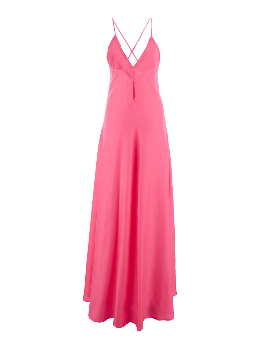 Fuchsiafarbenes, ärmelloses, langes Kleid mit gekreuzten Spaghettiträgern und Knopfverschluss hinten aus technischem Stoff für Damen