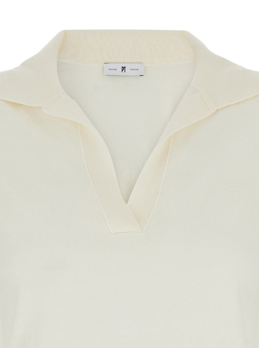 Weißes Poloshirt mit V-Ausschnitt und kurzen Ärmeln aus Schurwolle für Damen
