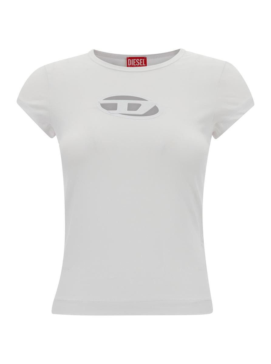 Weißes T-Shirt mit ovalem D-Ausschnitt aus Stretch-Baumwolle für Damen
