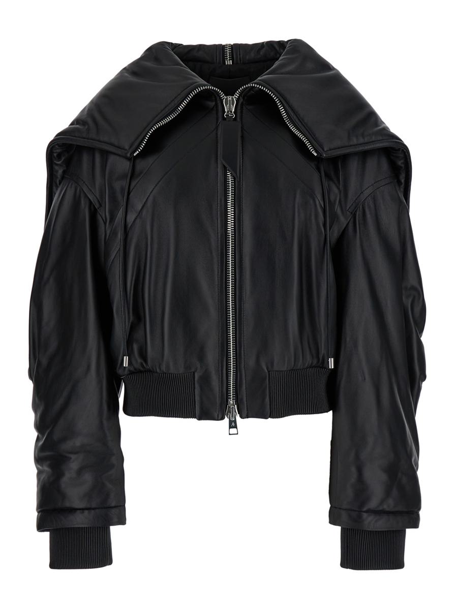 Schwarze Bomberjacke mit übergroßer Kapuze und Reißverschluss aus Leder für Damen