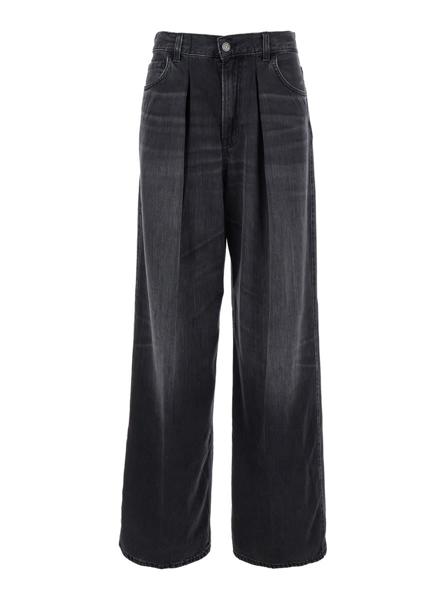 Schwarze Jeans mit Falten vorne und Logo-Patch auf der Rückseite aus Baumwolle für Damen