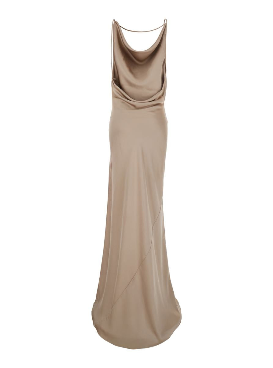 Langes Kleid „Vera“ in Beige mit Wasserfallausschnitt und offenem Rücken aus technischem Stoff