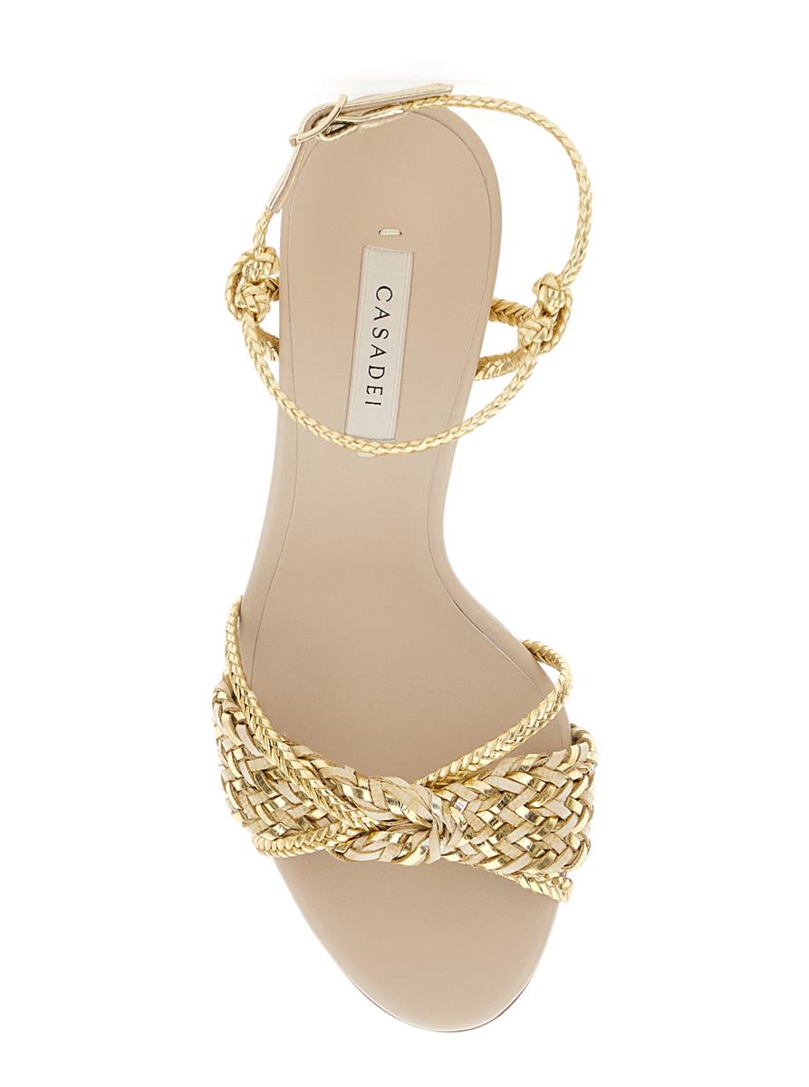 'Giulia Marbella' Goldfarbene Sandalen mit Schnallenverschluss und hohem Stilettoabsatz aus Stoff für Damen