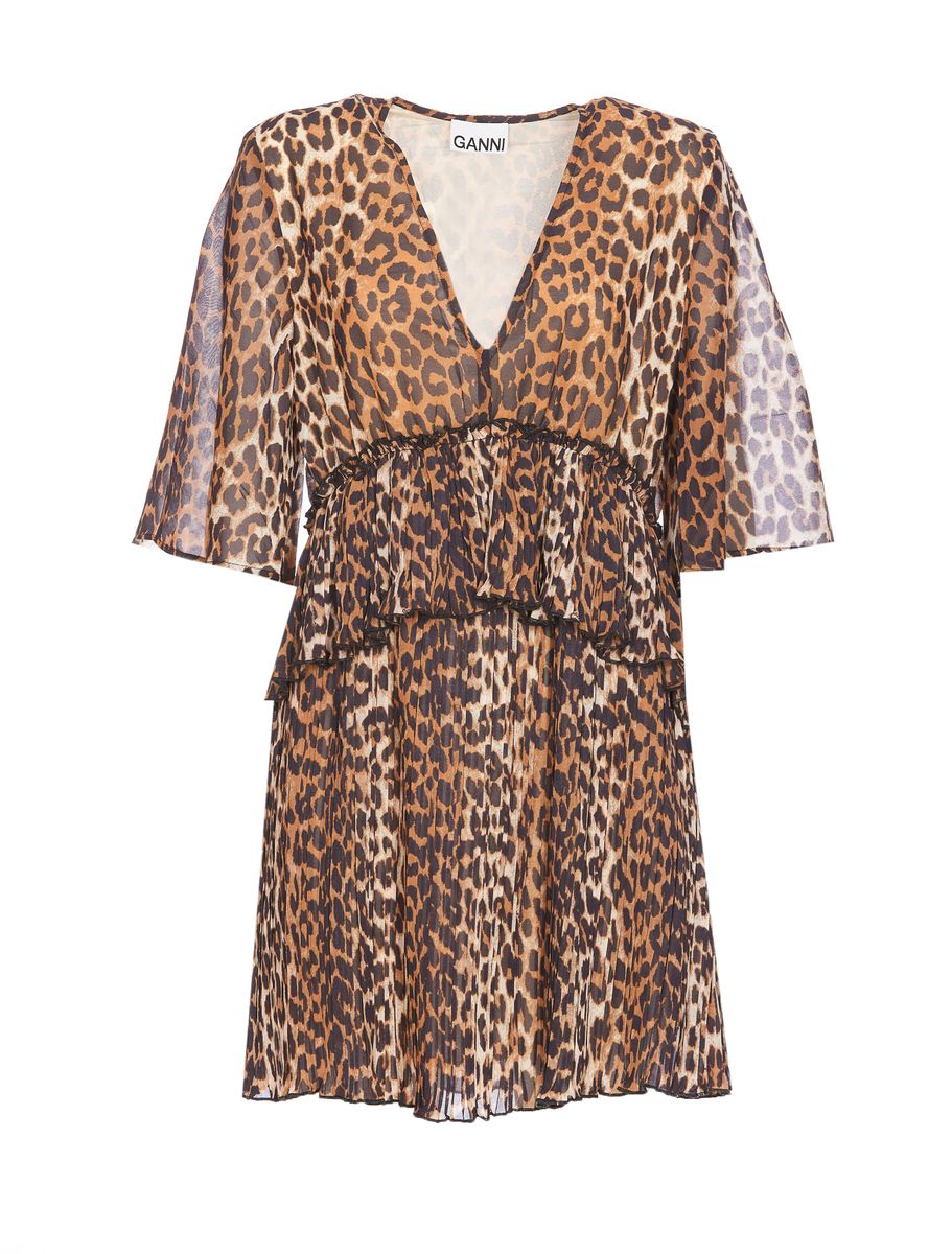 Ganni – Plissiertes Georgette-Minikleid mit Volant und V-Ausschnitt