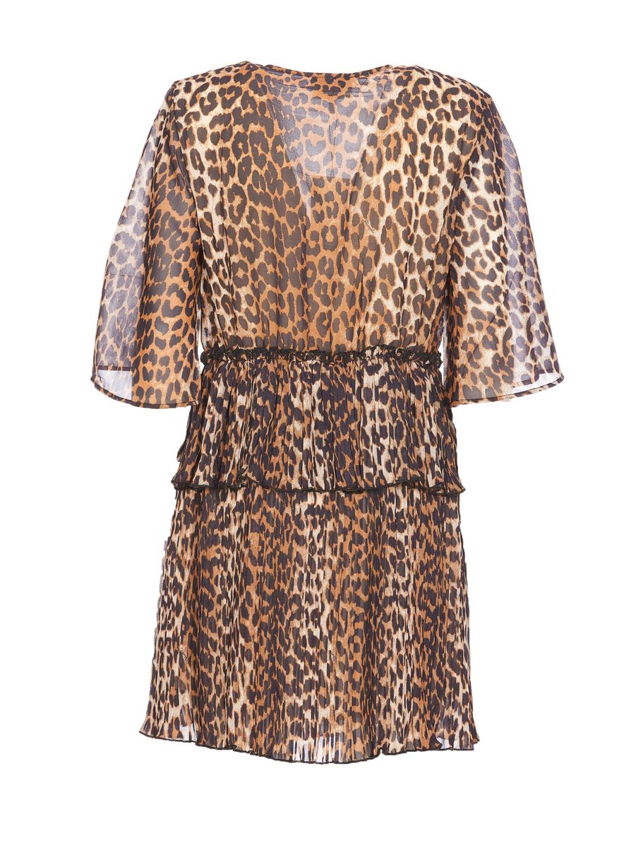 Ganni – Plissiertes Georgette-Minikleid mit Volant und V-Ausschnitt