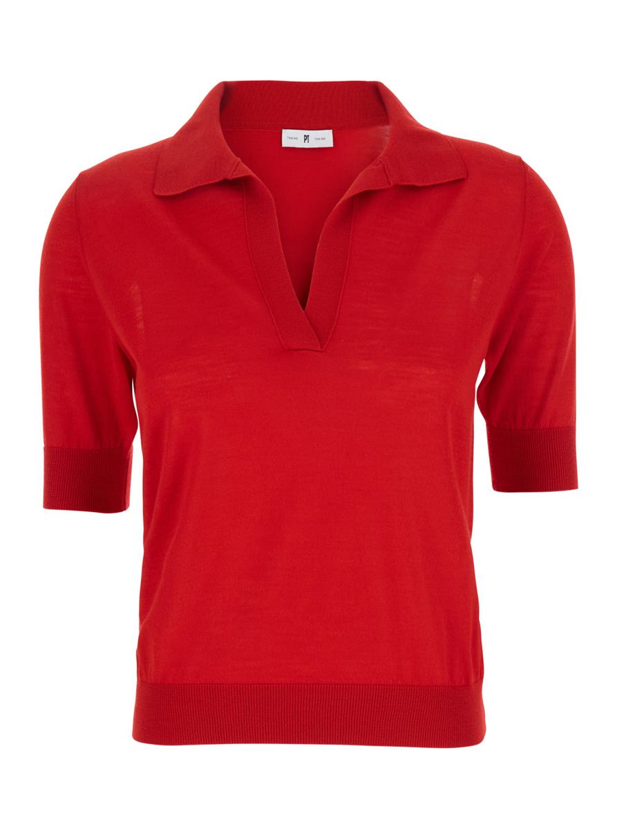 Rotes Poloshirt mit V-Ausschnitt und kurzen Ärmeln aus Schurwolle für Damen