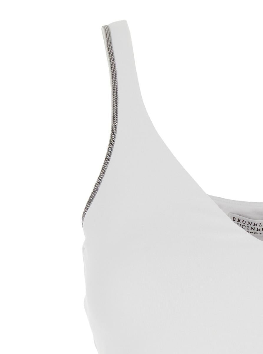 Weißes ärmelloses Top mit V-Ausschnitt und Monil-Detail an den Schulterträgern aus Baumwollstretch für Damen