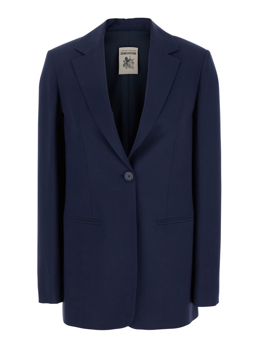 Blaue Einreiherjacke mit klassischem Revers aus technischem Stoff für Damen