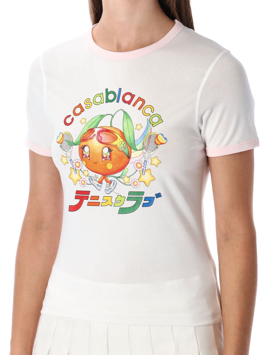 Casablanca – Weiß-oranges T-Shirt aus Bio-Baumwolle mit Ringer-Motiv