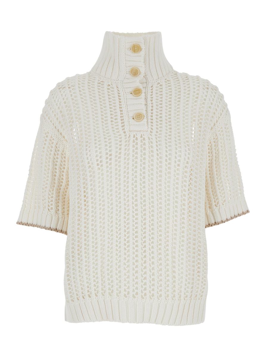 Weißer Pullover mit hohem Kragen und perforiertem Design aus Baumwolle für Damen