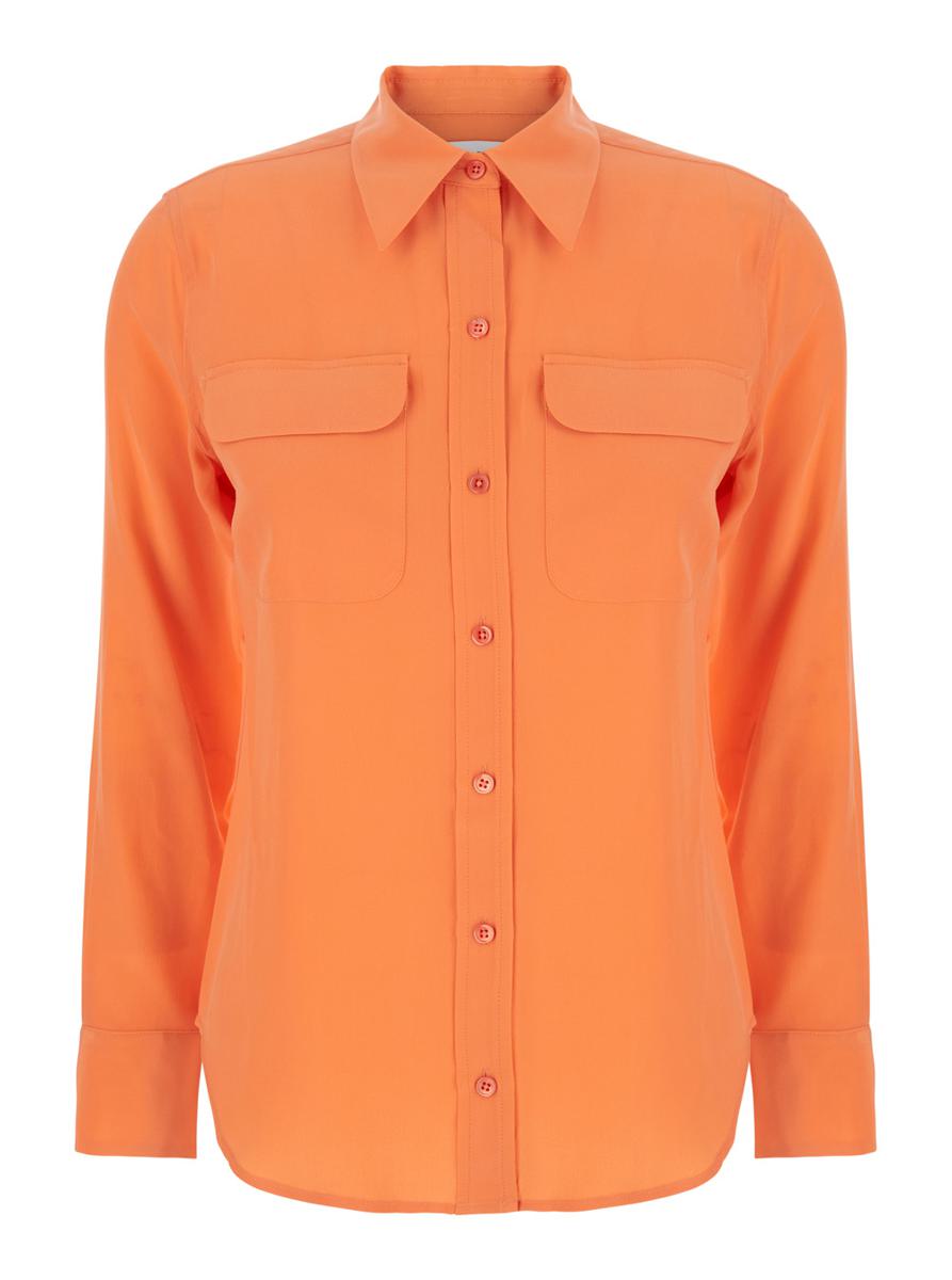 Orangefarbenes Seidenhemd „Signature“ mit spitzem Kragen für Damen
