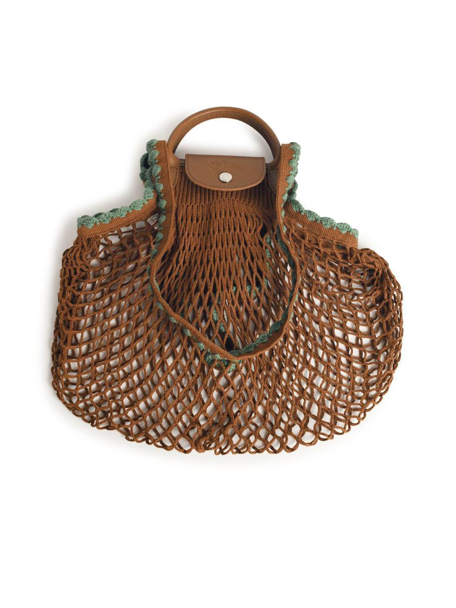 Longchamp „L Le Pliage“ – Netztasche aus tabakfarbenem Canvas