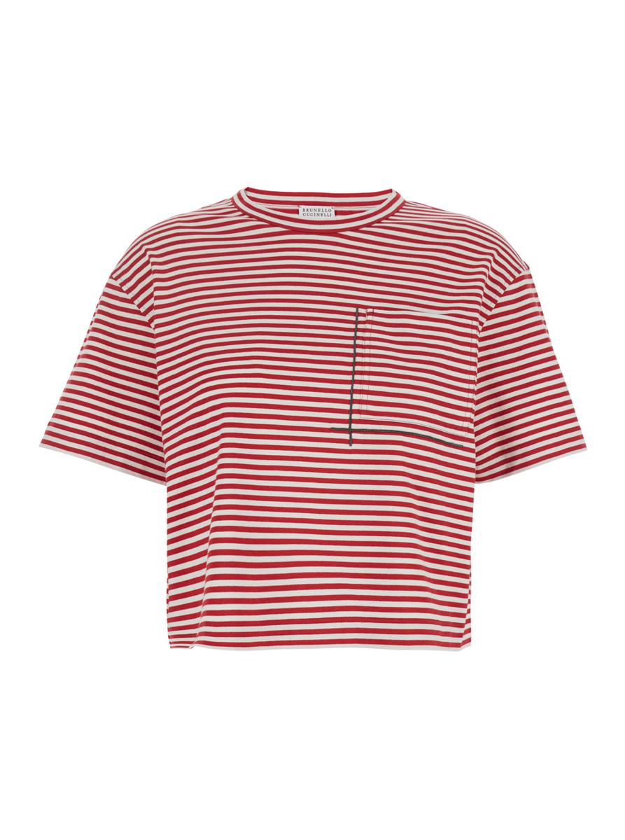 Rotes T-Shirt mit Rundhalsausschnitt, durchgehendem Streifenmotiv und Schmuckdetail auf der Vorderseite aus Baumwolle für Damen